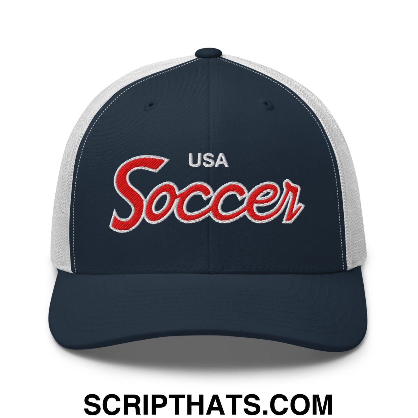 USA Soccer Olympics World Cup Vintage Sports Script Embroidered Mesh Trucker Hat Navy White