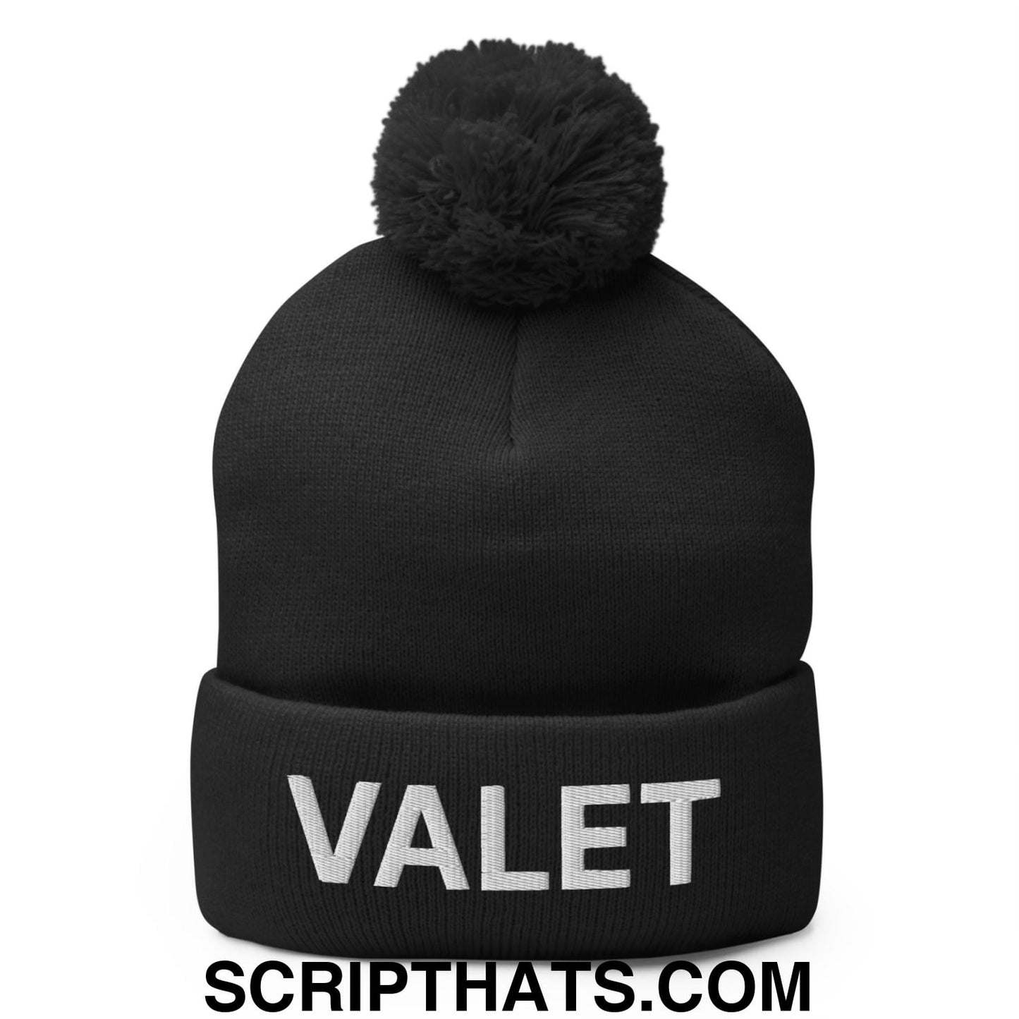 Valet Uniform Embroidered Knit Pom Pom Beanie Black