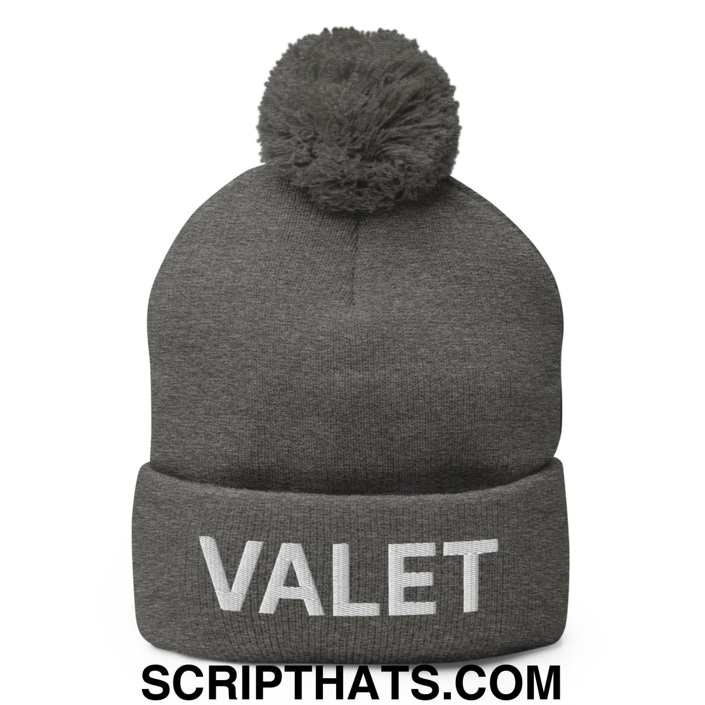 Valet Uniform Embroidered Knit Pom Pom Beanie Dark Heather Grey