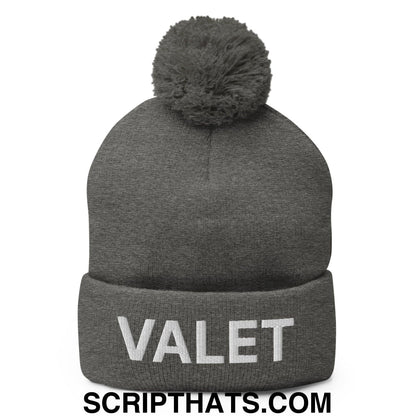 Valet Uniform Embroidered Knit Pom Pom Beanie Dark Heather Grey