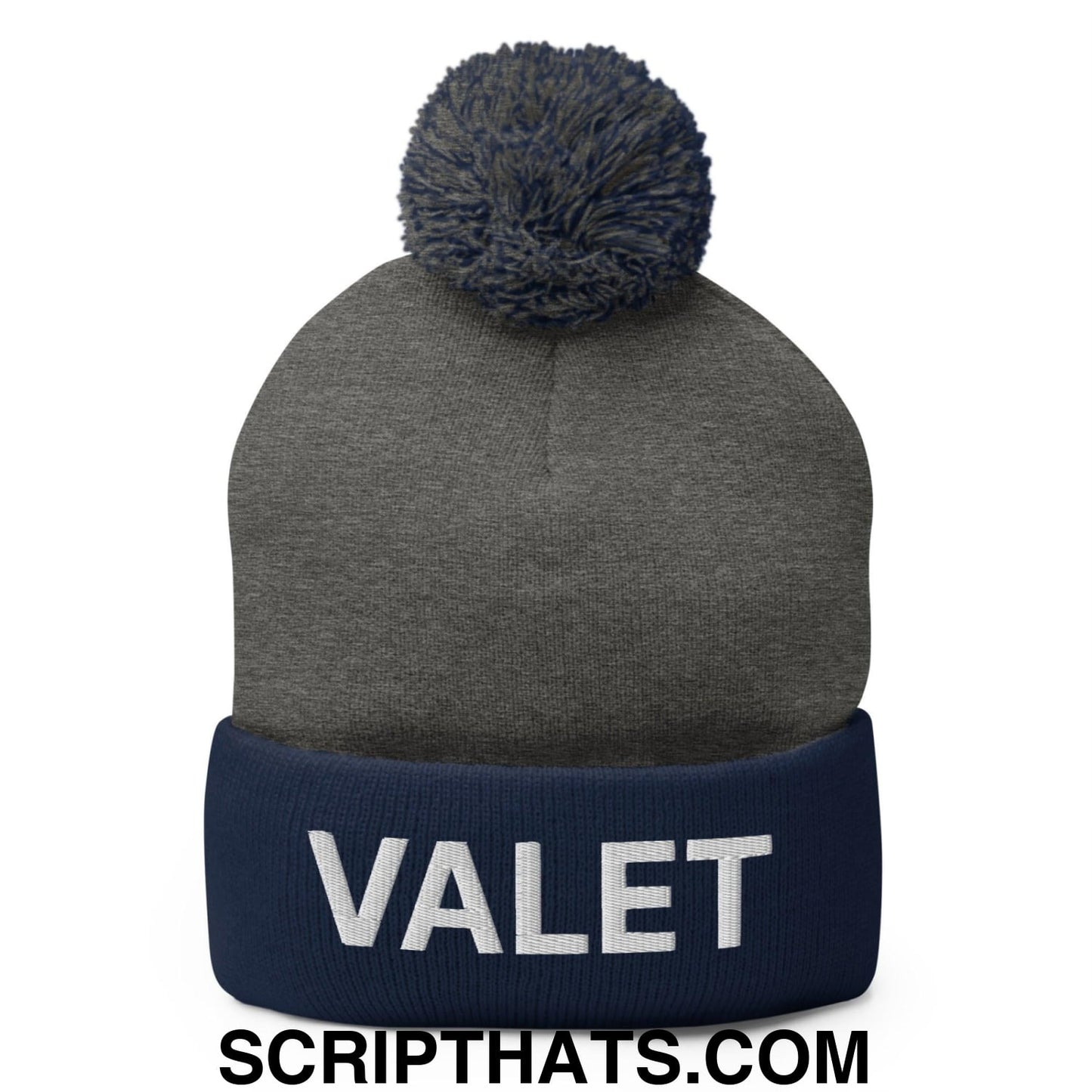 Valet Uniform Embroidered Knit Pom Pom Beanie Dark Heather Grey Navy