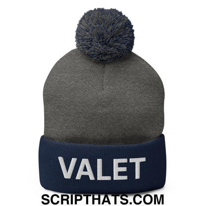 Valet Uniform Embroidered Knit Pom Pom Beanie Dark Heather Grey Navy