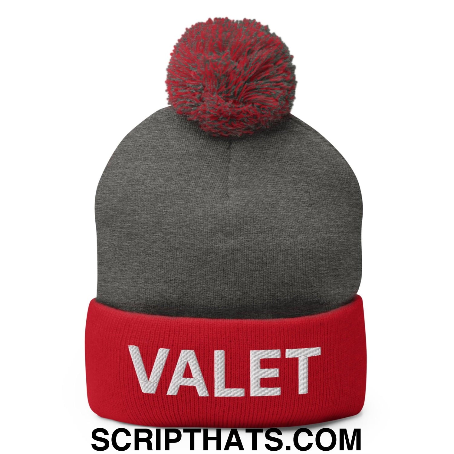 Valet Uniform Embroidered Knit Pom Pom Beanie Dark Heather Grey Red