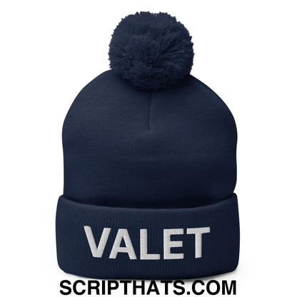 Valet Uniform Embroidered Knit Pom Pom Beanie Navy