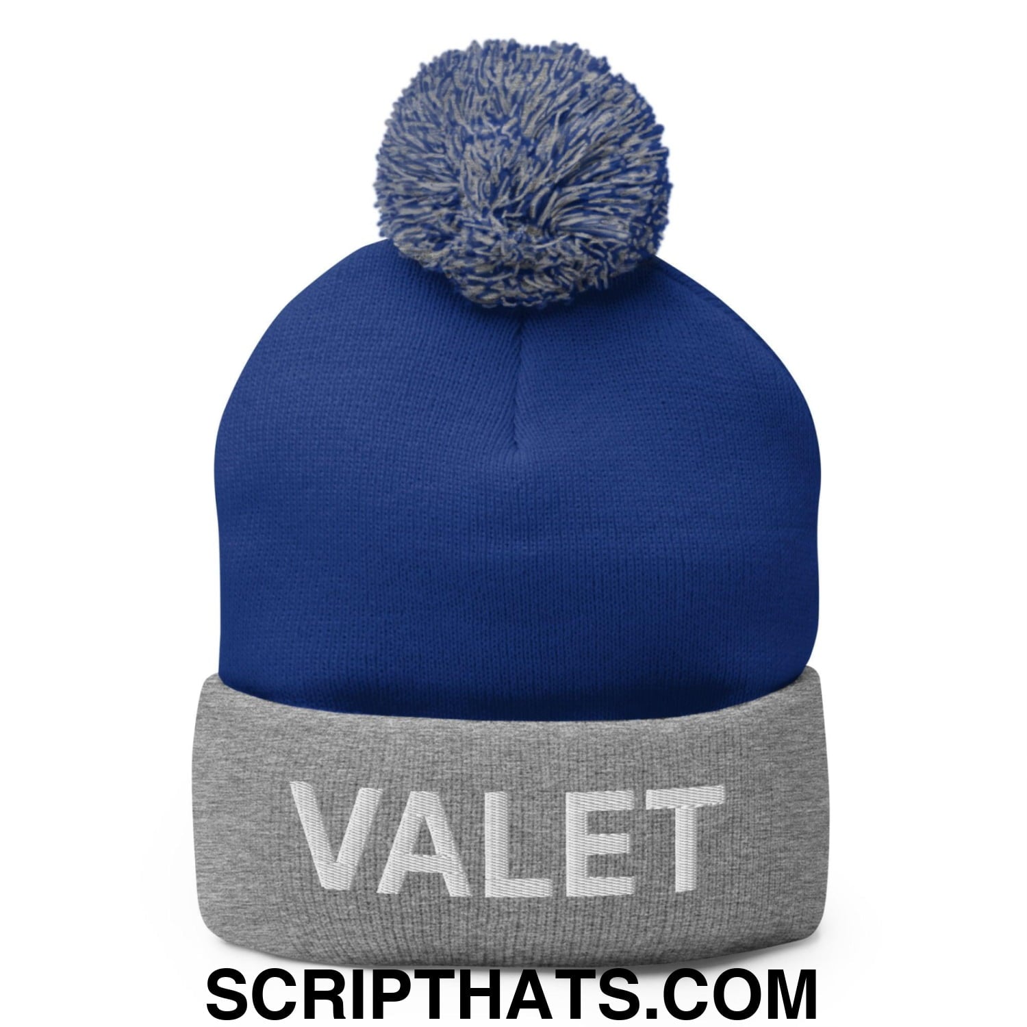 Valet Uniform Embroidered Knit Pom Pom Beanie Royal Heather Grey