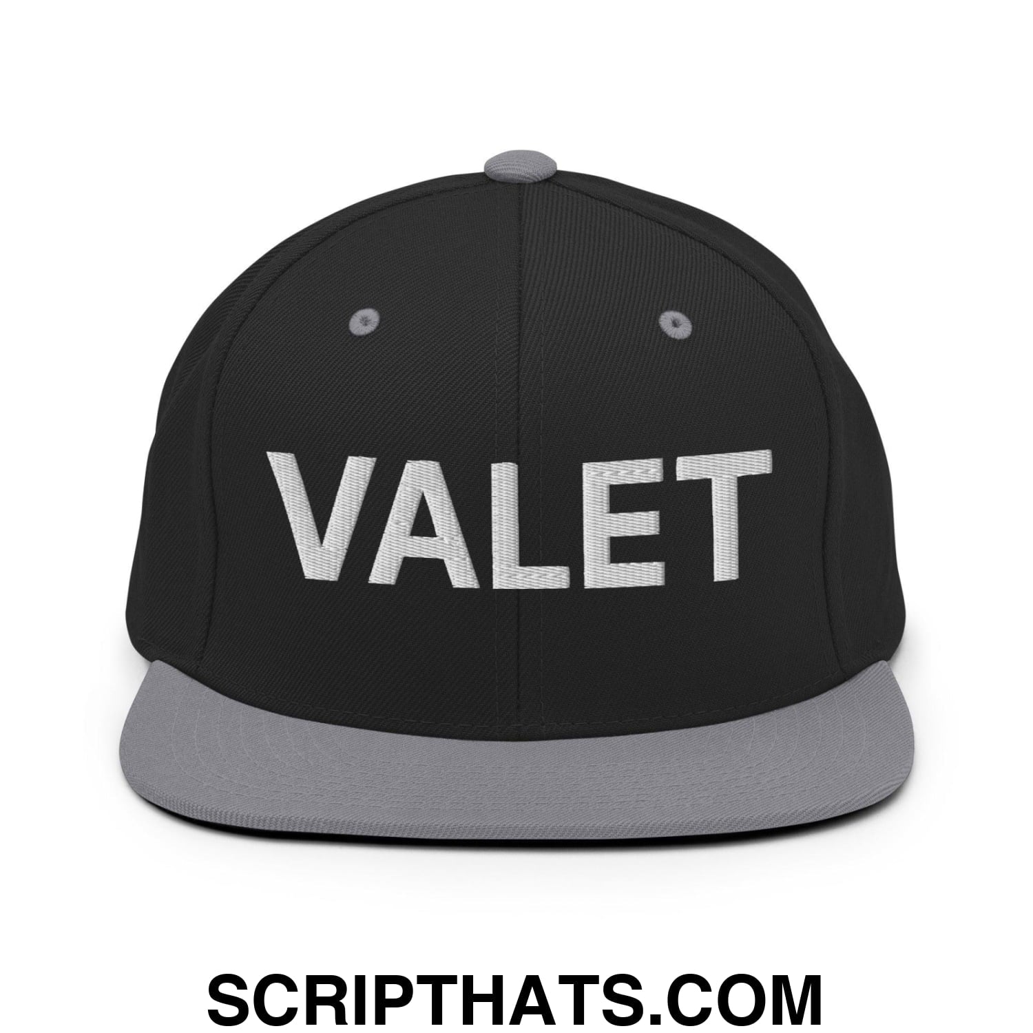 Valet Uniform Work Embroidered Flat Bill Brim Snapback Hat Black Silver