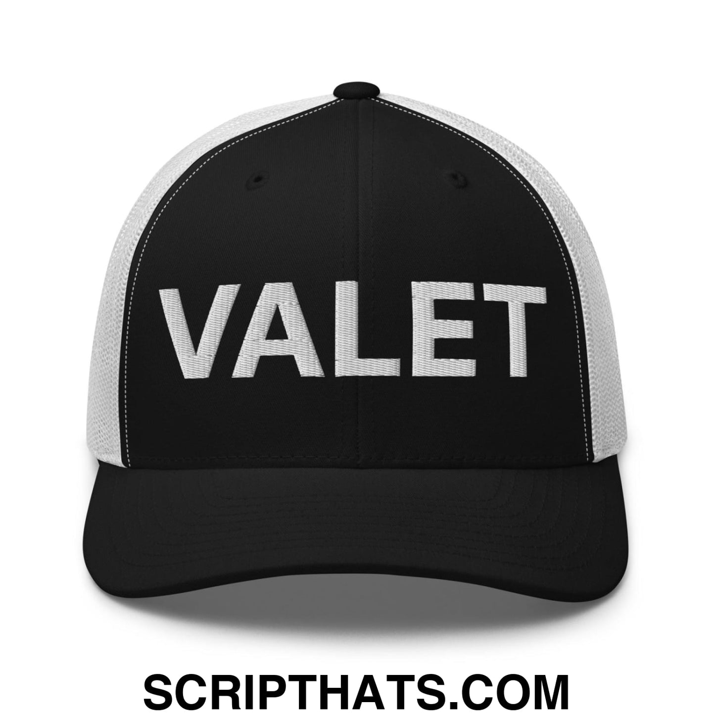 Valet Work Block Embroidered Mesh Trucker Hat Black White