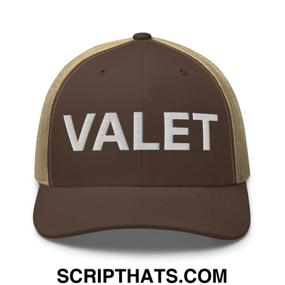Valet Work Block Embroidered Mesh Trucker Hat Brown Khaki