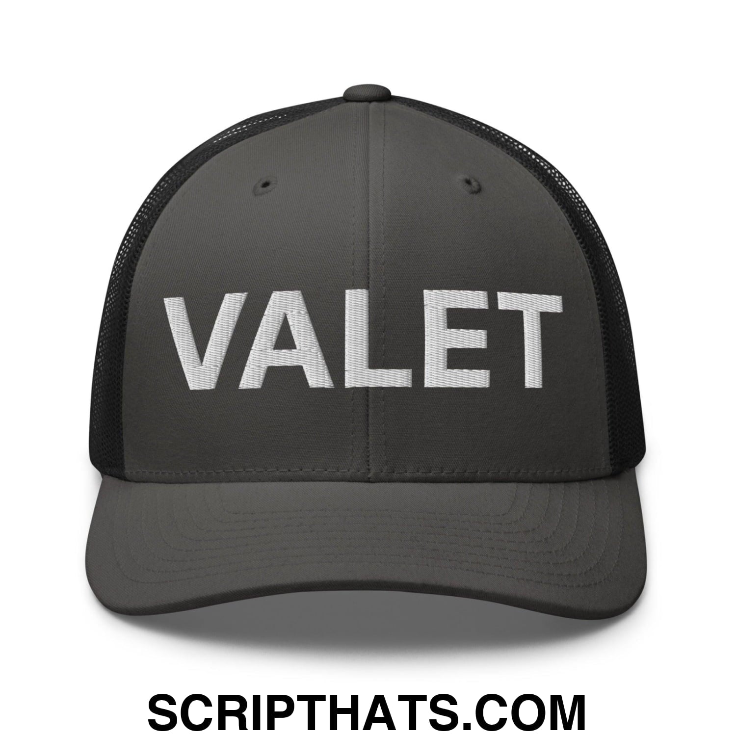 Valet Work Block Embroidered Mesh Trucker Hat Charcoal Black
