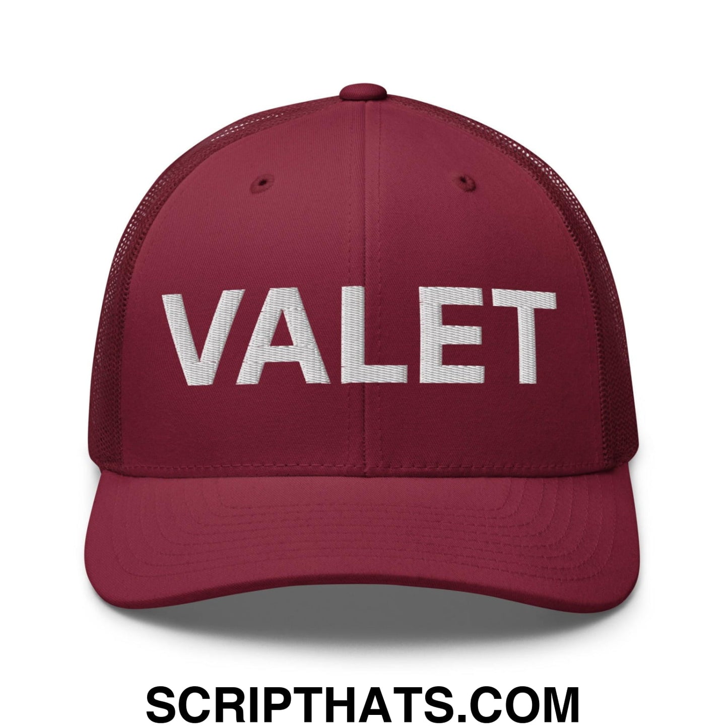 Valet Work Block Embroidered Mesh Trucker Hat Cranberry