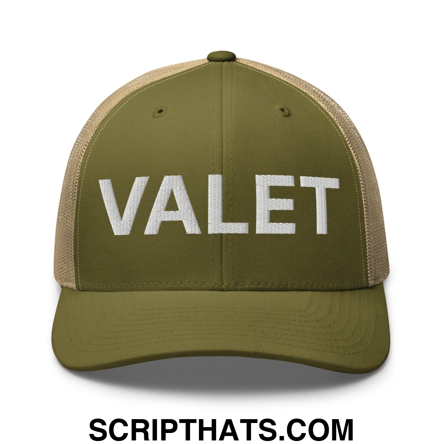 Valet Work Block Embroidered Mesh Trucker Hat Moss Khaki
