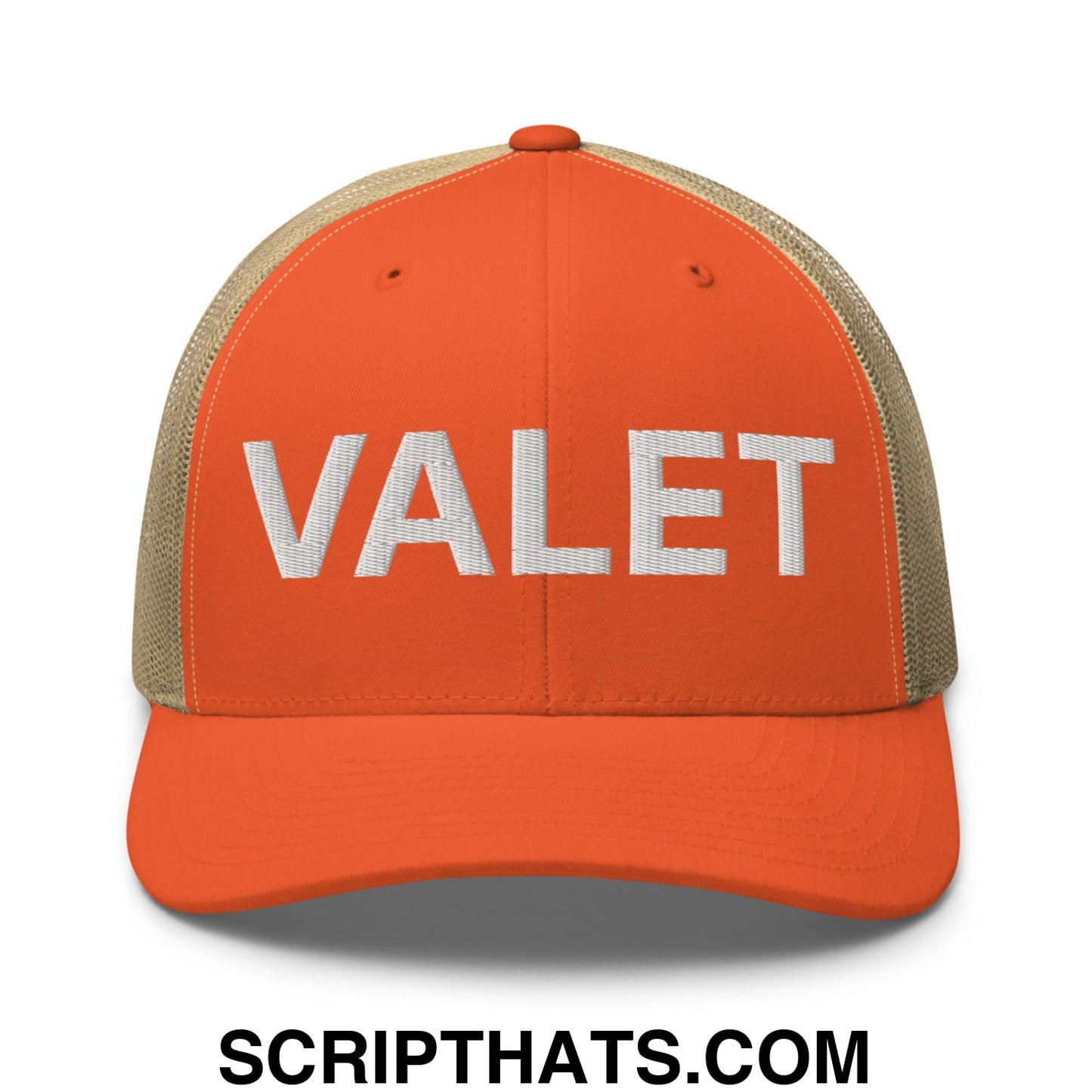 Valet Work Block Embroidered Mesh Trucker Hat Rustic Orange Khaki