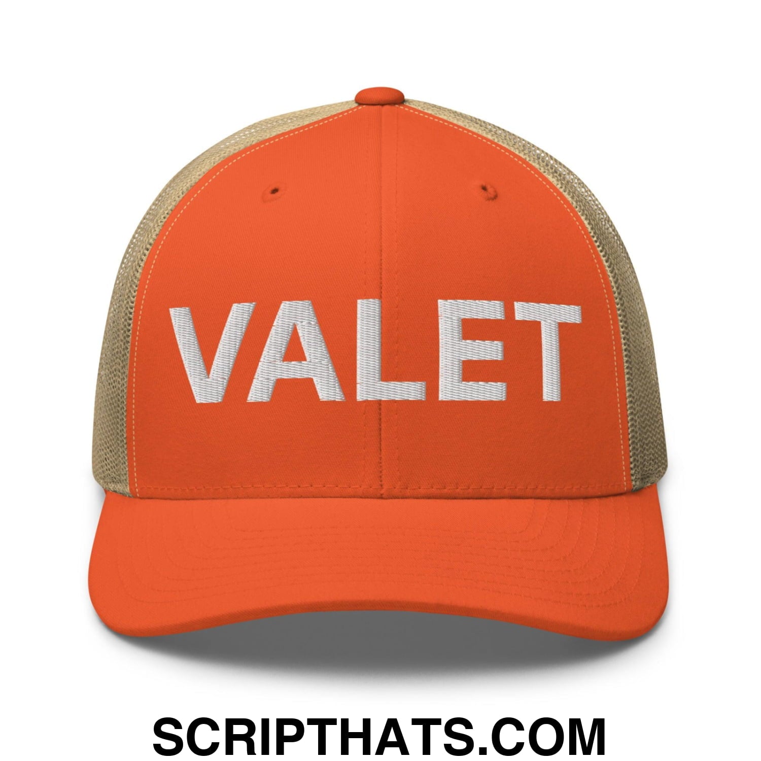 Valet Work Block Embroidered Mesh Trucker Hat Rustic Orange Khaki