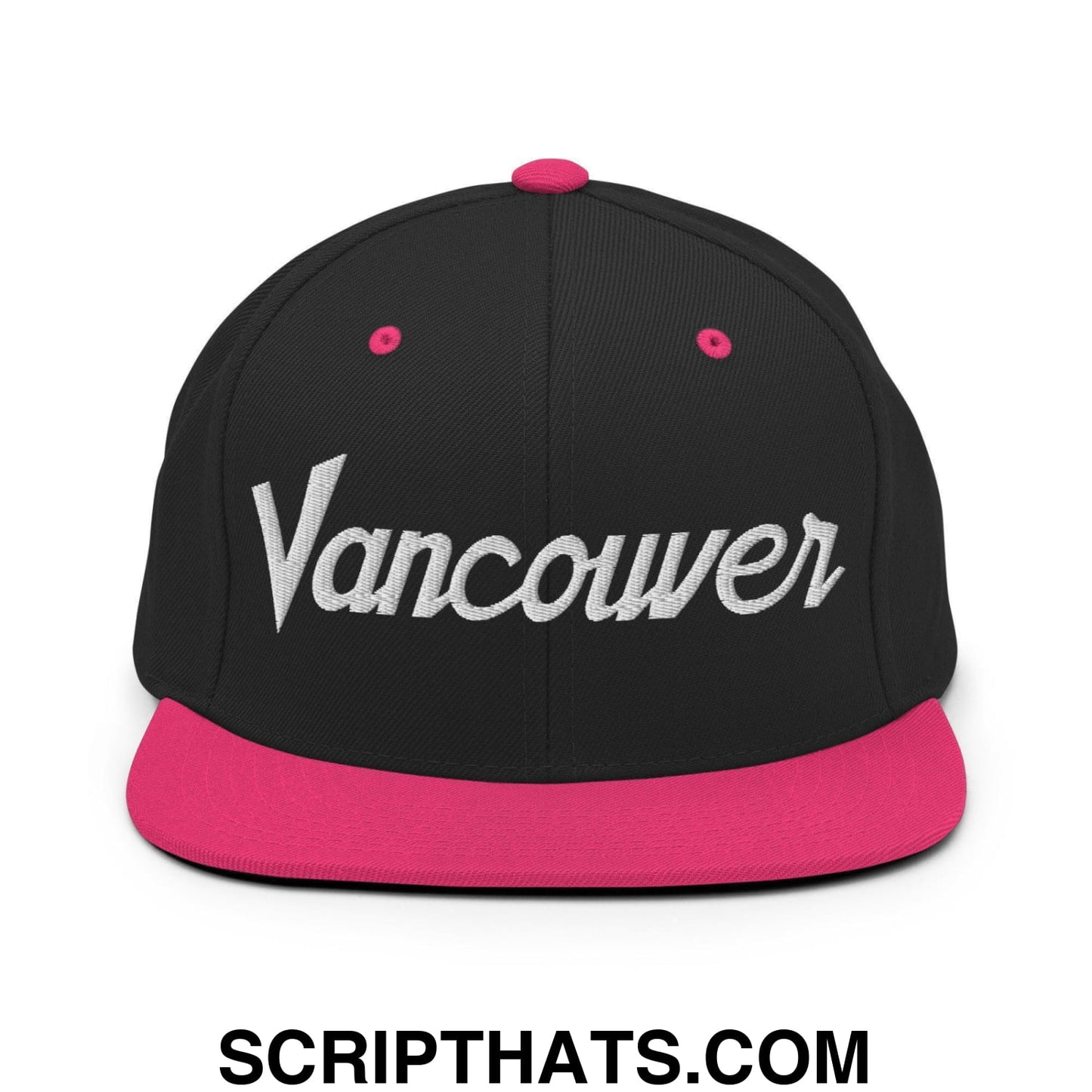 Vancouver Script Snapback Hat Black Neon Pink
