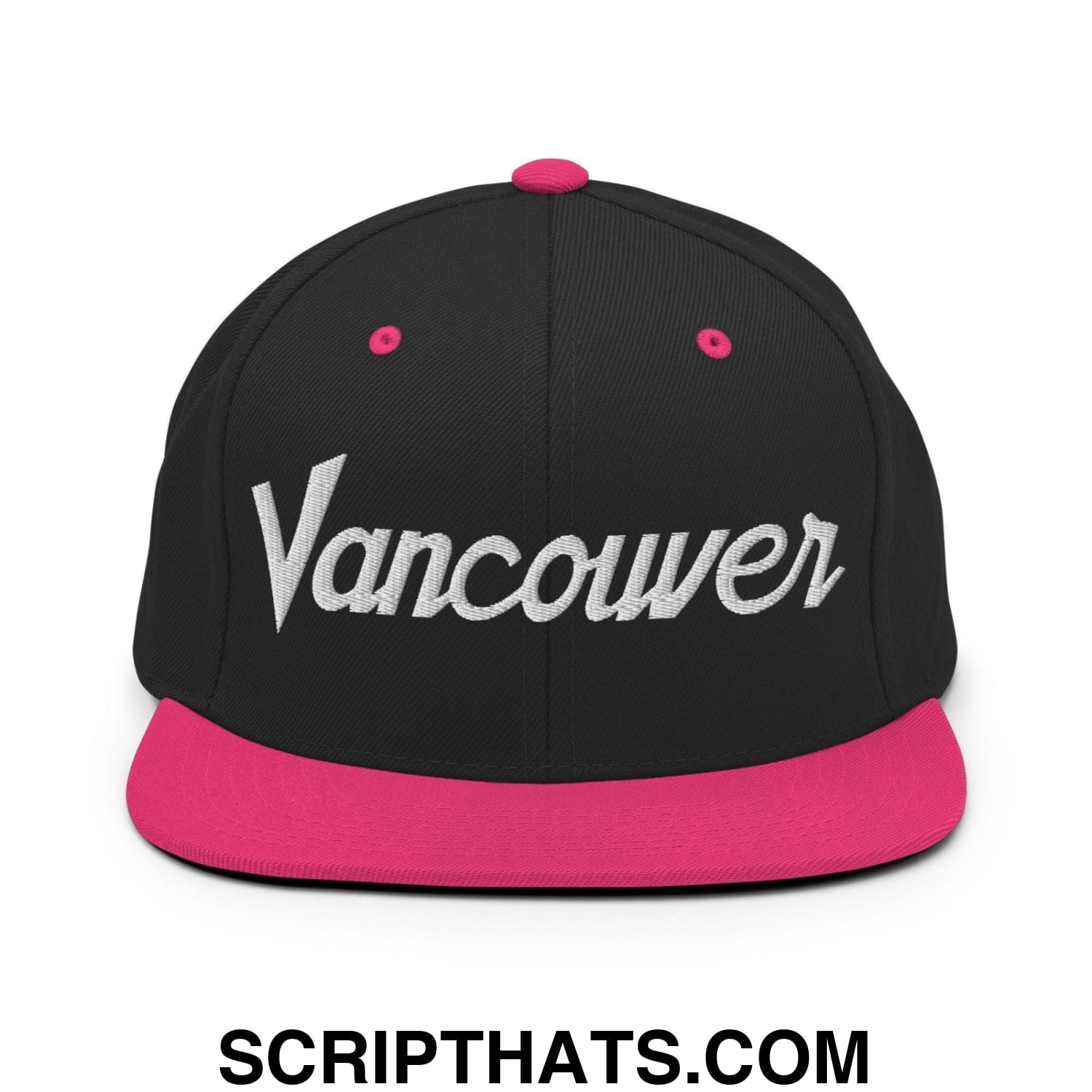 Vancouver Script Snapback Hat Black Neon Pink