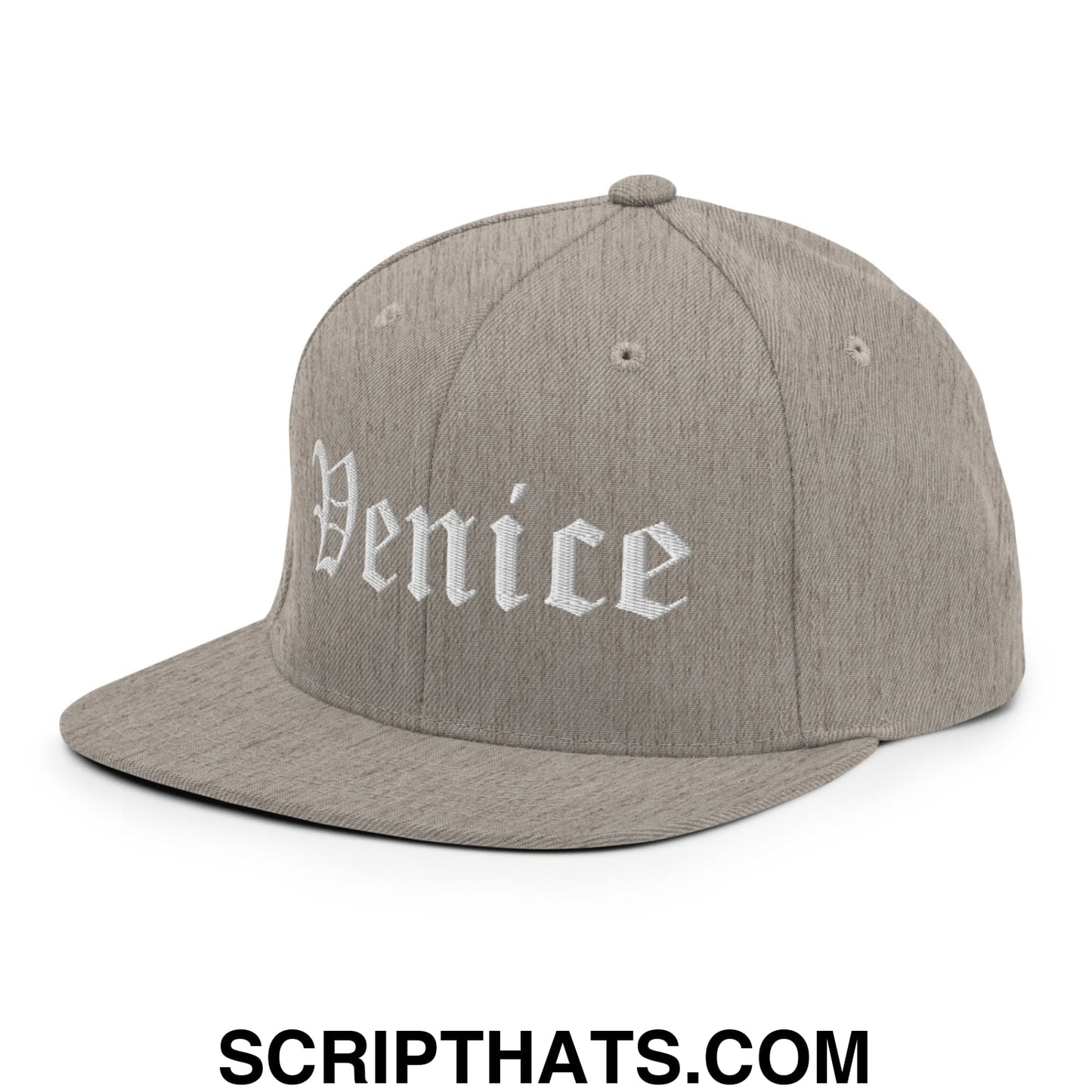 Venice Old English Embroidered Flat Bill Brim Snapback Hat Heather Grey
