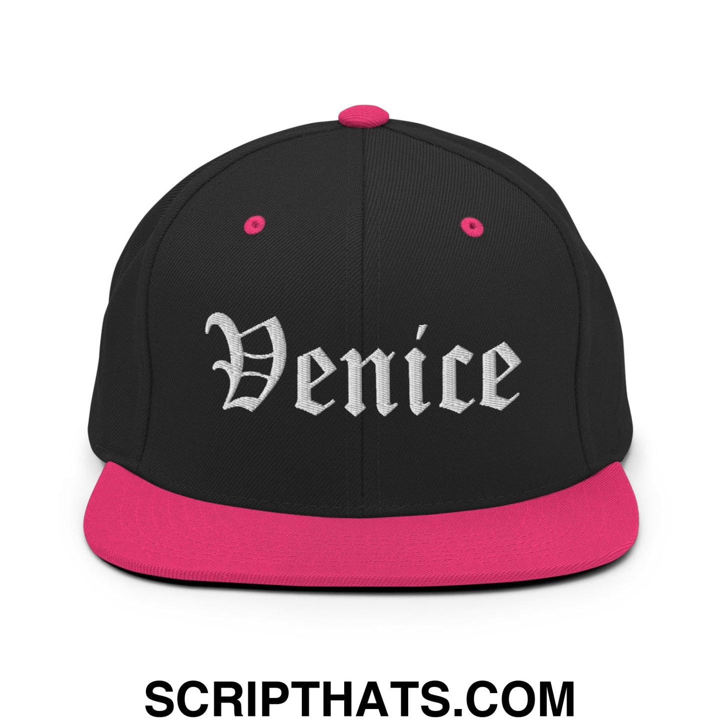 Venice Old English Embroidered Flat Bill Brim Snapback Hat Black Neon Pink