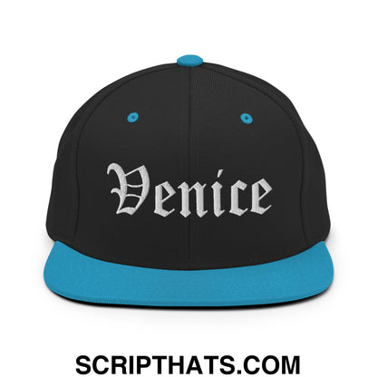 Venice Old English Embroidered Flat Bill Brim Snapback Hat Black Teal