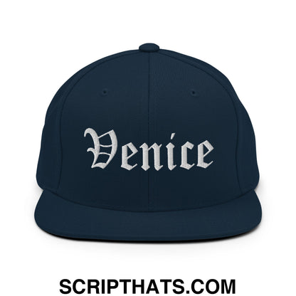 Venice Old English Embroidered Flat Bill Brim Snapback Hat Dark Navy