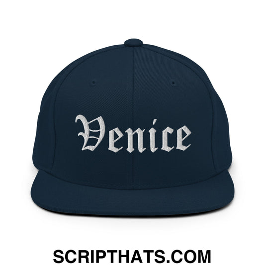 Venice Old English Embroidered Flat Bill Brim Snapback Hat Dark Navy