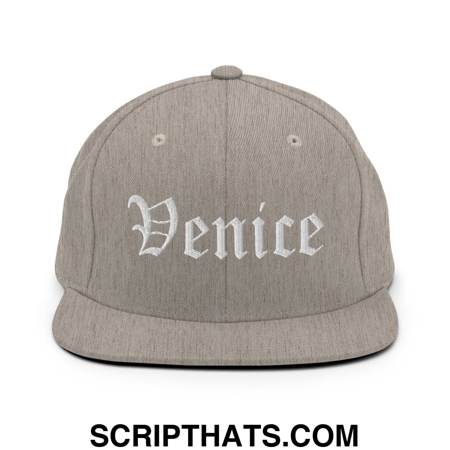 Venice Old English Embroidered Flat Bill Brim Snapback Hat Heather Grey