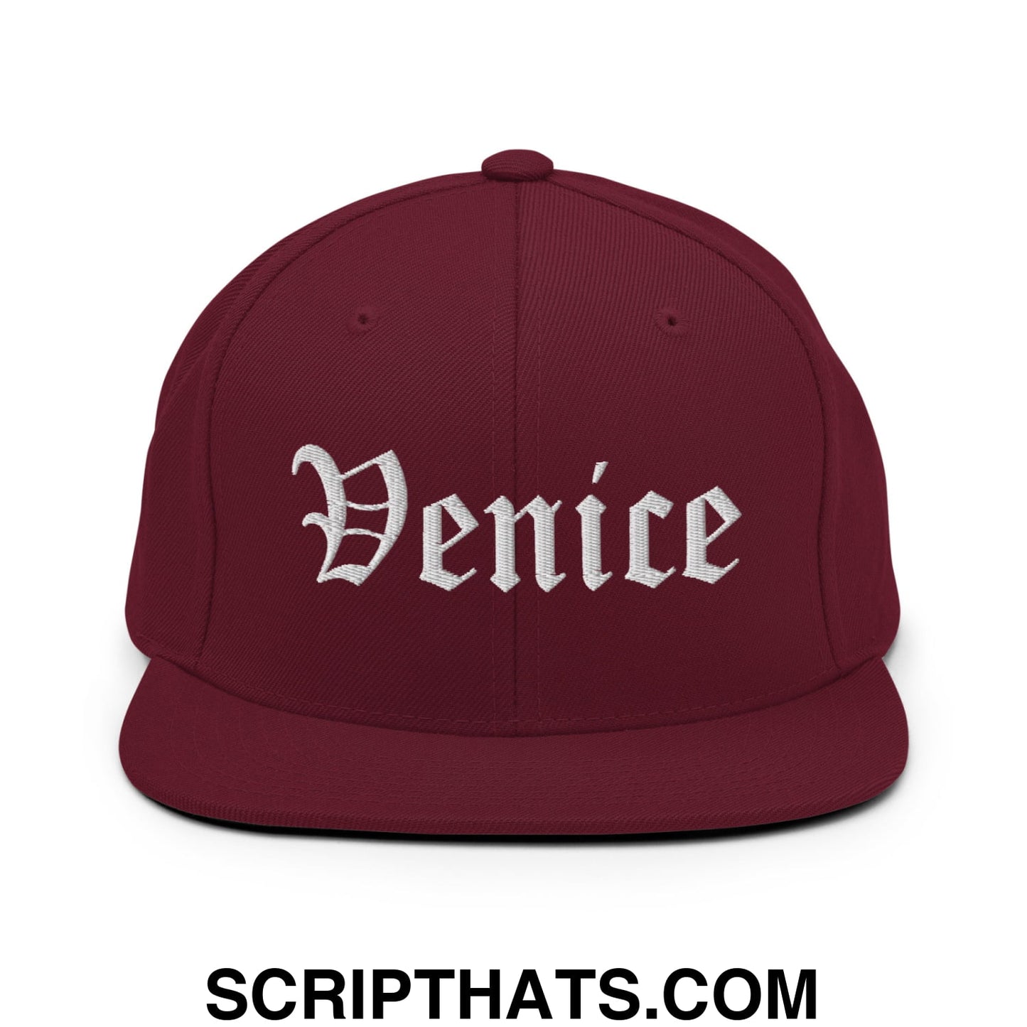 Venice Old English Embroidered Flat Bill Brim Snapback Hat Maroon