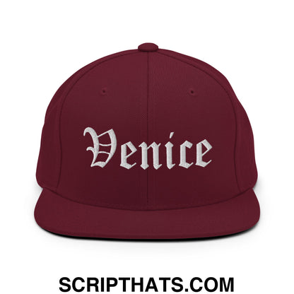 Venice Old English Embroidered Flat Bill Brim Snapback Hat Maroon