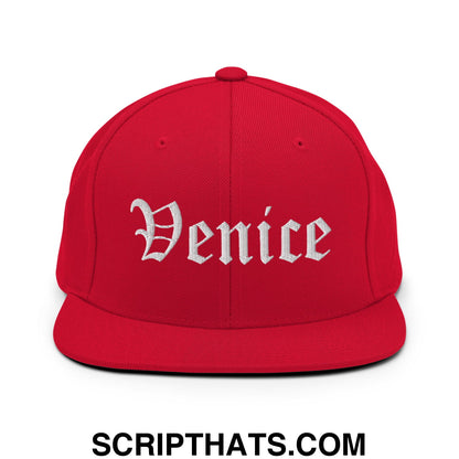 Venice Old English Embroidered Flat Bill Brim Snapback Hat Red