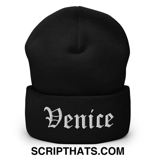 Venice Old English Embroidered Knit Cuffed Beanie Black