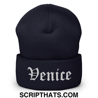 Venice Old English Embroidered Knit Cuffed Beanie Navy