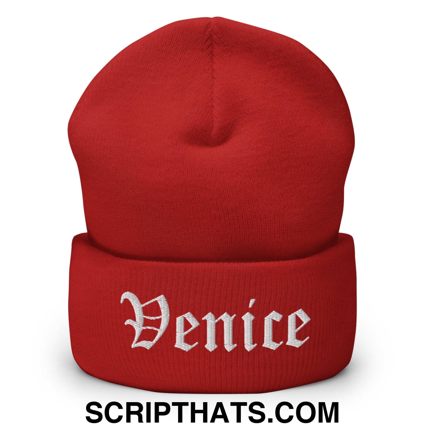 Venice Old English Embroidered Knit Cuffed Beanie Red