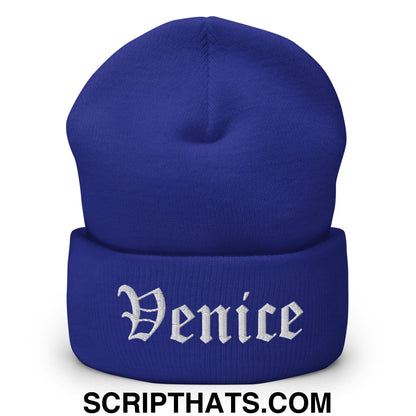 Venice Old English Embroidered Knit Cuffed Beanie Royal