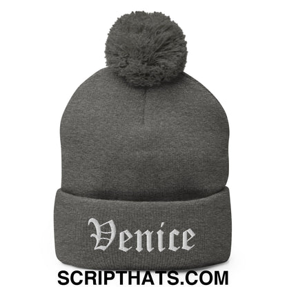 Venice Old English Embroidered Knit Pom Pom Beanie Dark Heather Grey