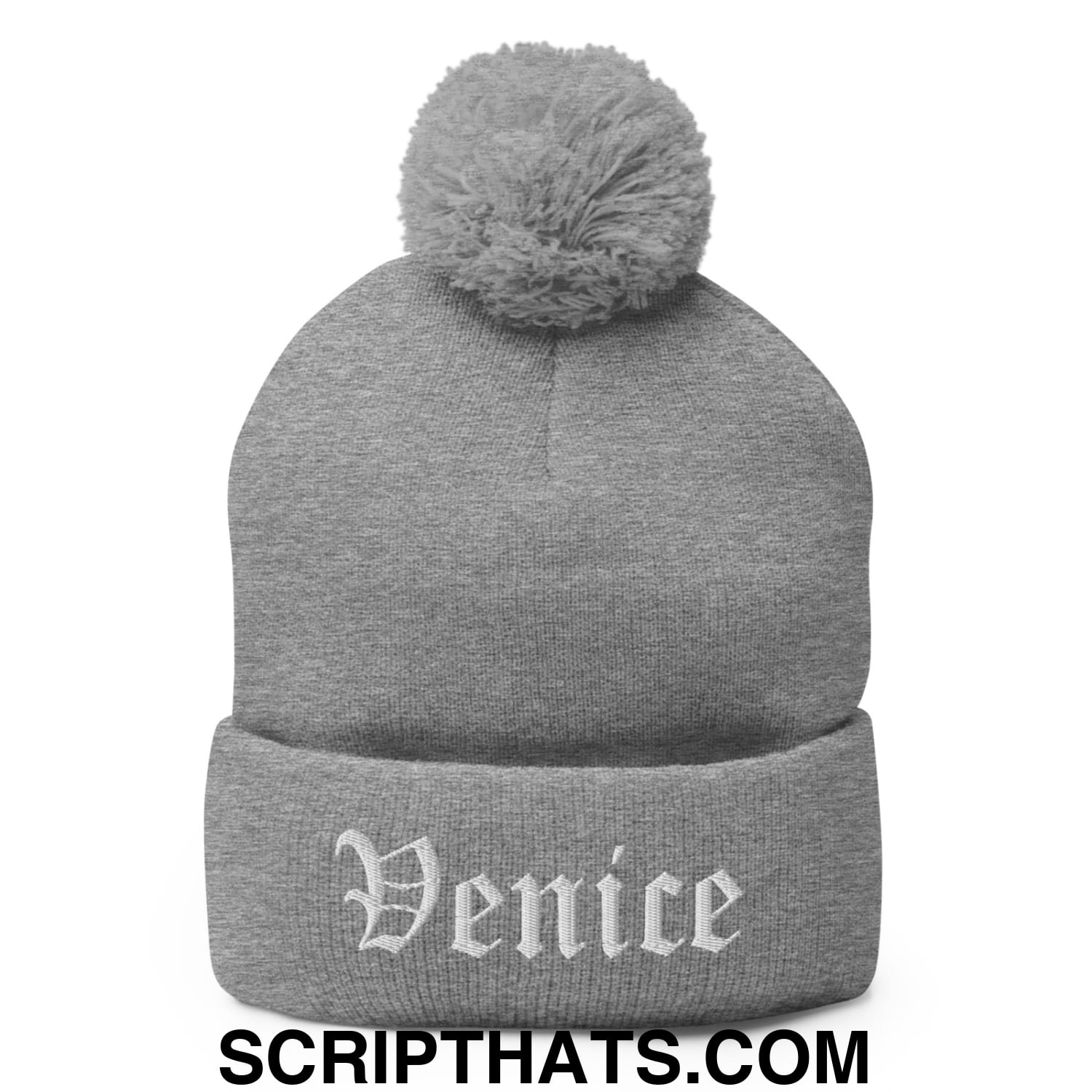 Venice Old English Embroidered Knit Pom Pom Beanie Heather Grey
