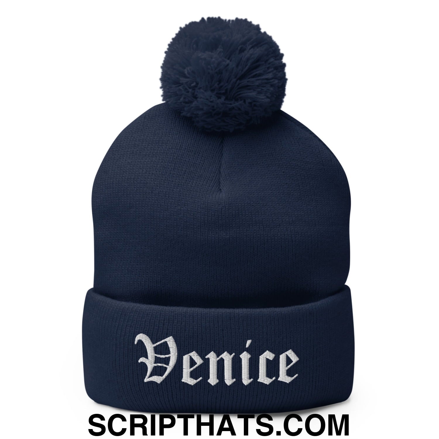 Venice Old English Embroidered Knit Pom Pom Beanie Navy