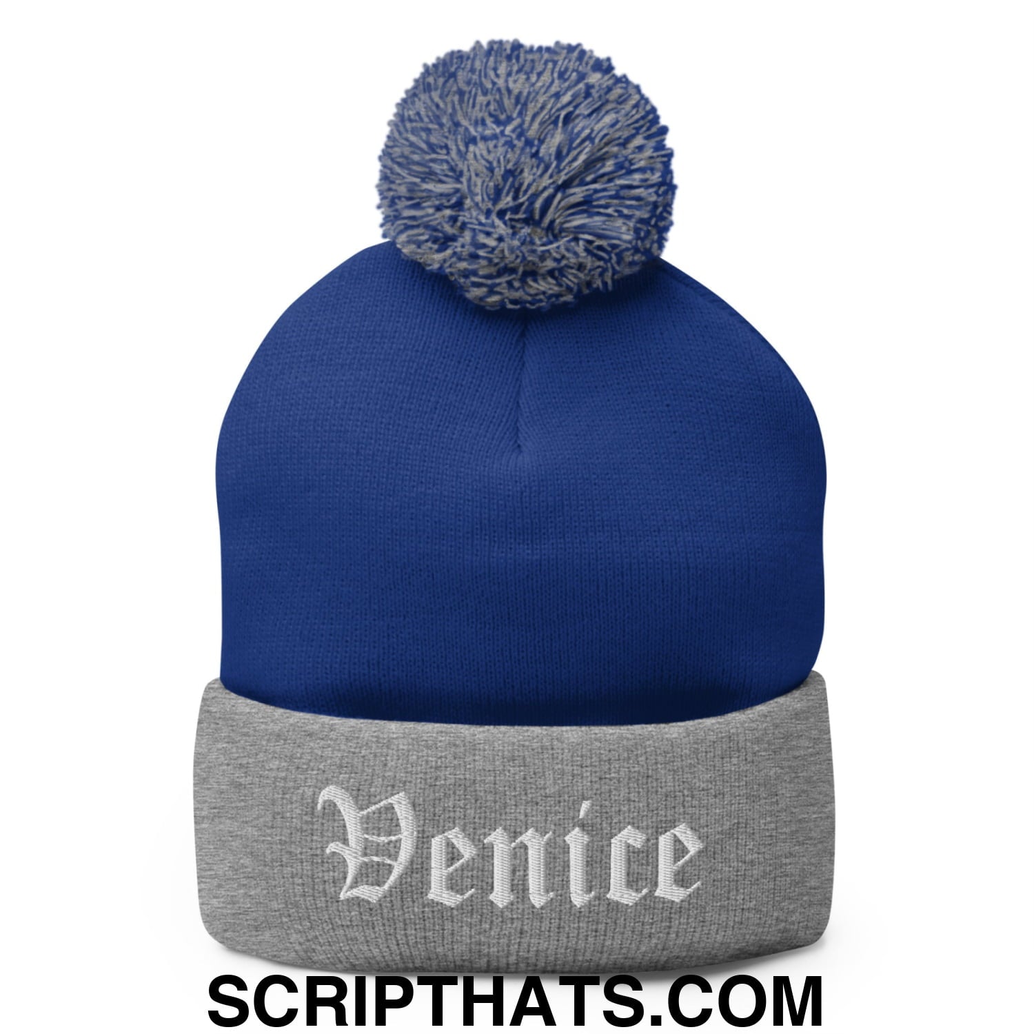 Venice Old English Embroidered Knit Pom Pom Beanie Royal Heather Grey