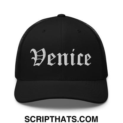 Venice Old English Embroidered Mesh Trucker Hat Black