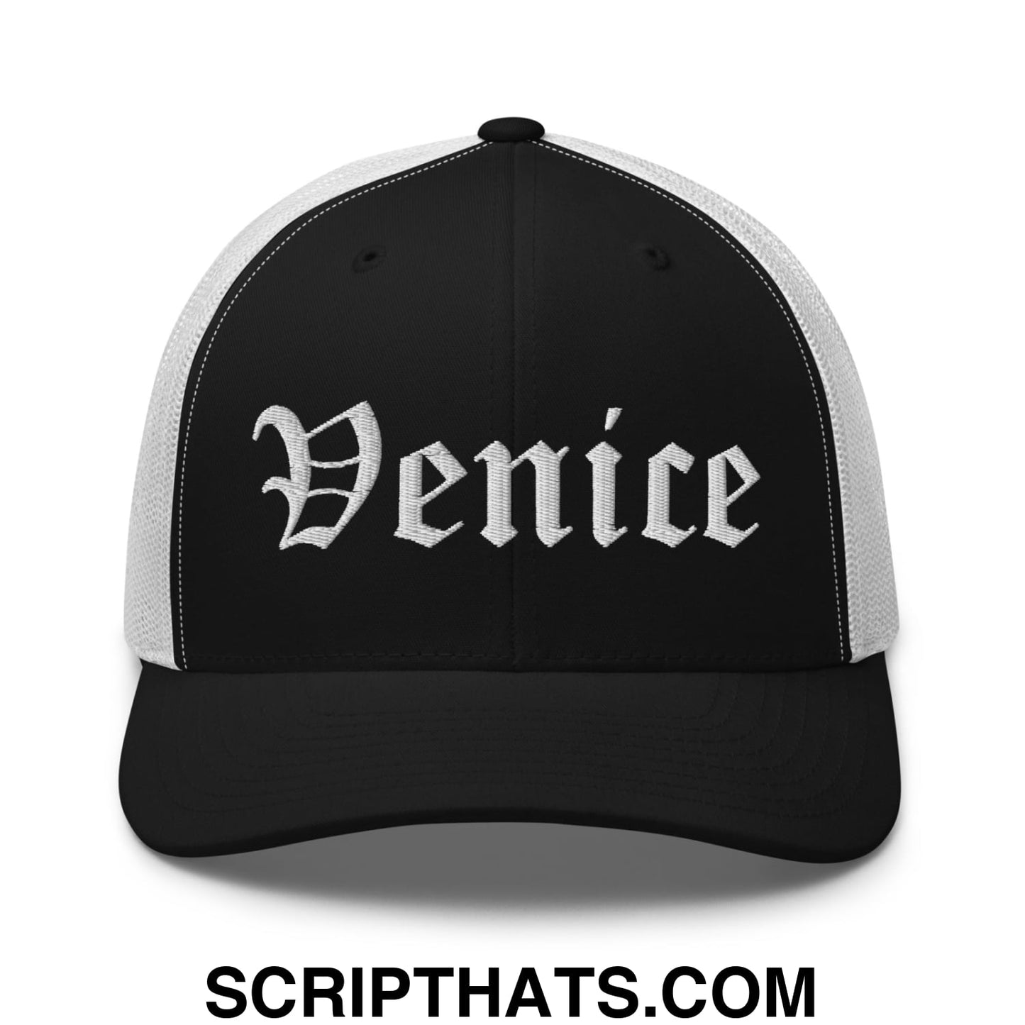 Venice Old English Embroidered Mesh Trucker Hat Black White