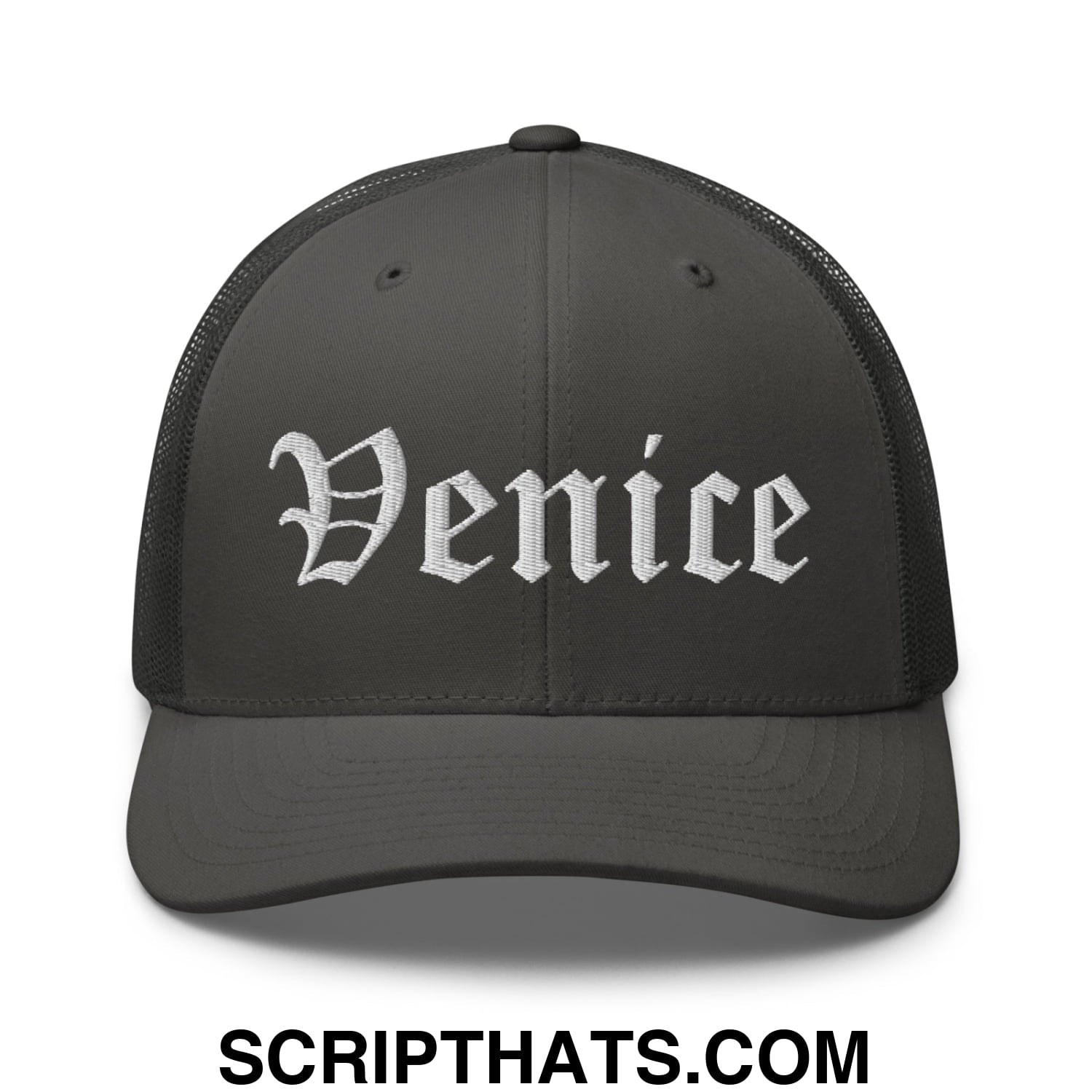 Venice Old English Embroidered Mesh Trucker Hat Charcoal