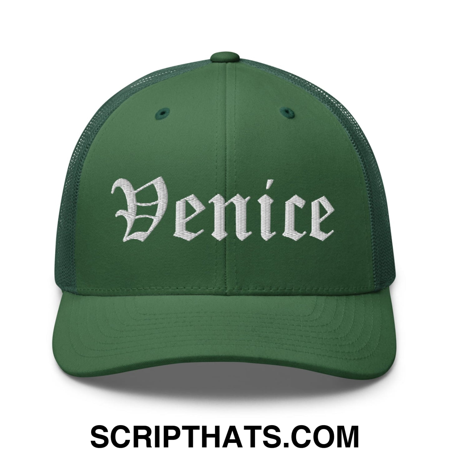 Venice Old English Embroidered Mesh Trucker Hat Evergreen