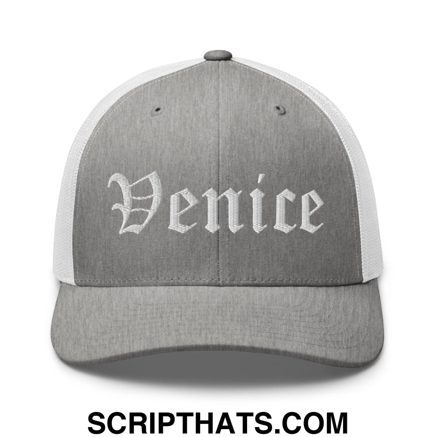 Venice Old English Embroidered Mesh Trucker Hat Heather Grey White