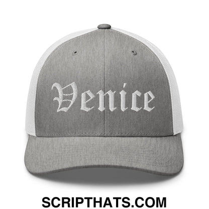 Venice Old English Embroidered Mesh Trucker Hat Heather Grey White