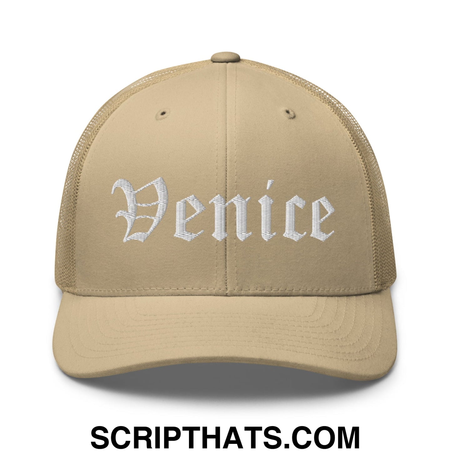 Venice Old English Embroidered Mesh Trucker Hat Khaki