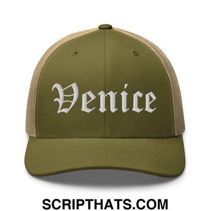 Venice Old English Embroidered Mesh Trucker Hat Moss Khaki