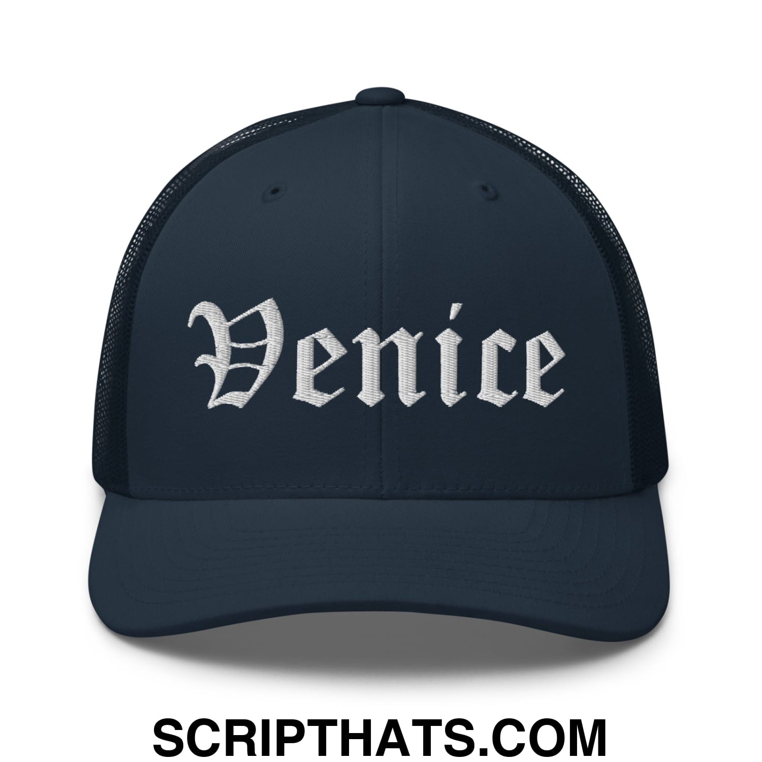 Venice Old English Embroidered Mesh Trucker Hat Navy