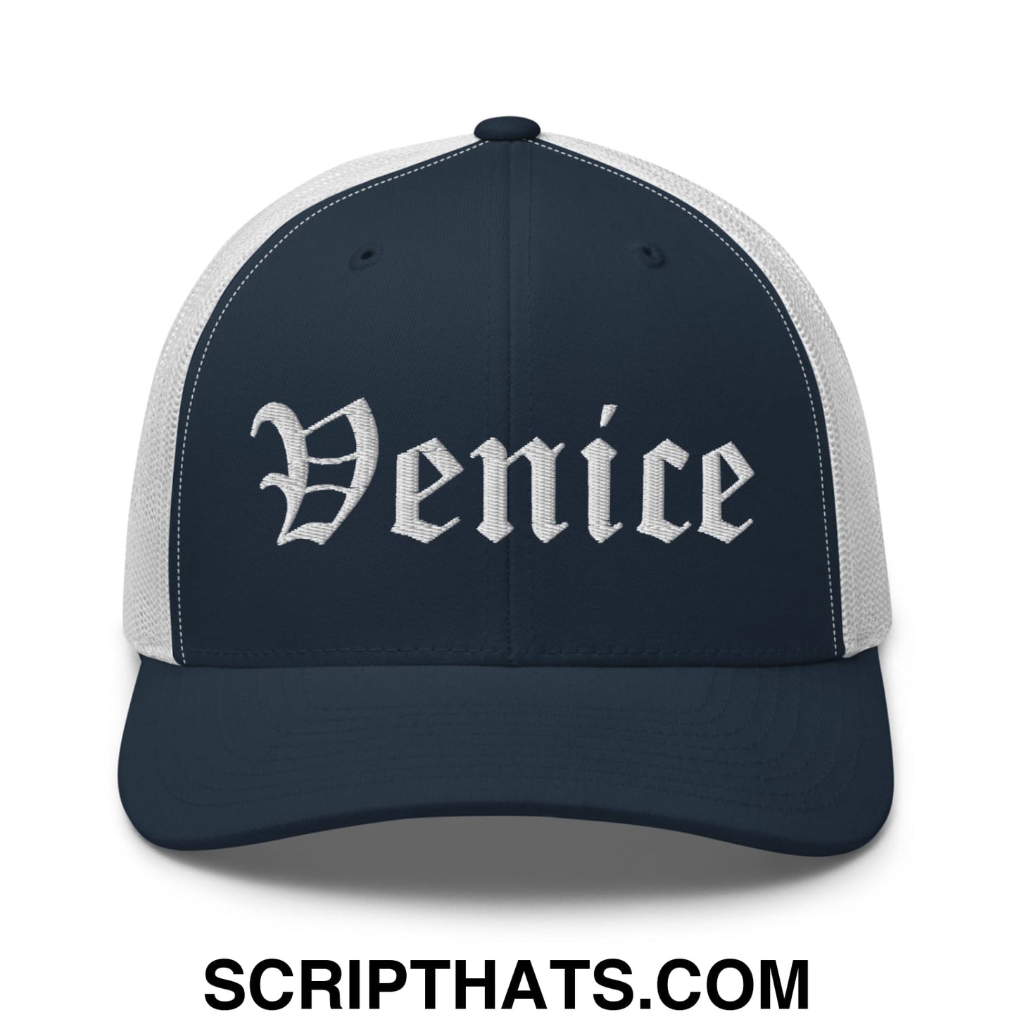 Venice Old English Embroidered Mesh Trucker Hat Navy White
