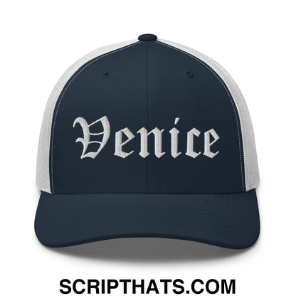 Venice Old English Embroidered Mesh Trucker Hat Navy White
