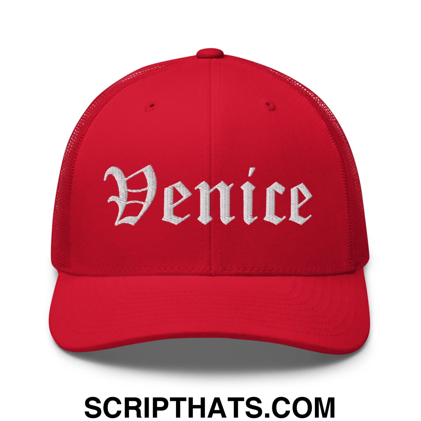Venice Old English Embroidered Mesh Trucker Hat Red