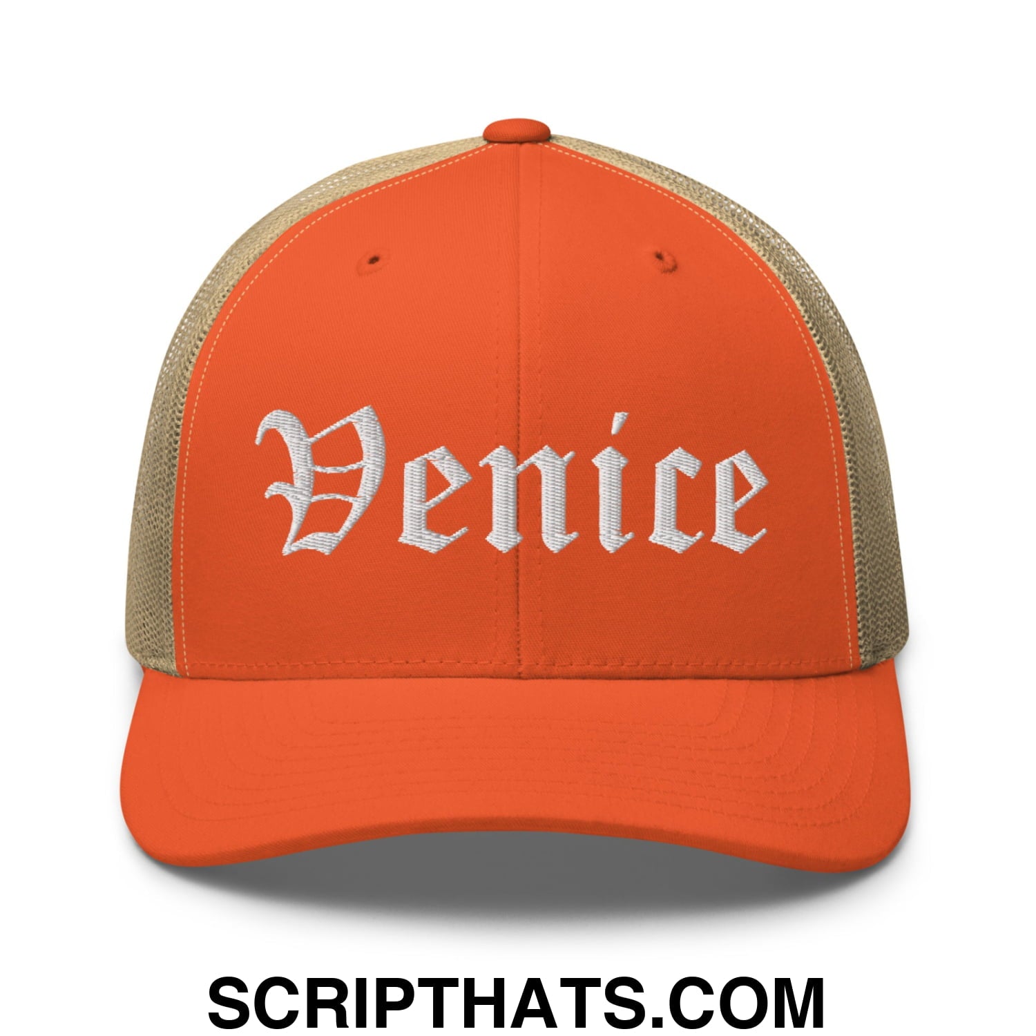 Venice Old English Embroidered Mesh Trucker Hat Rustic Orange Khaki