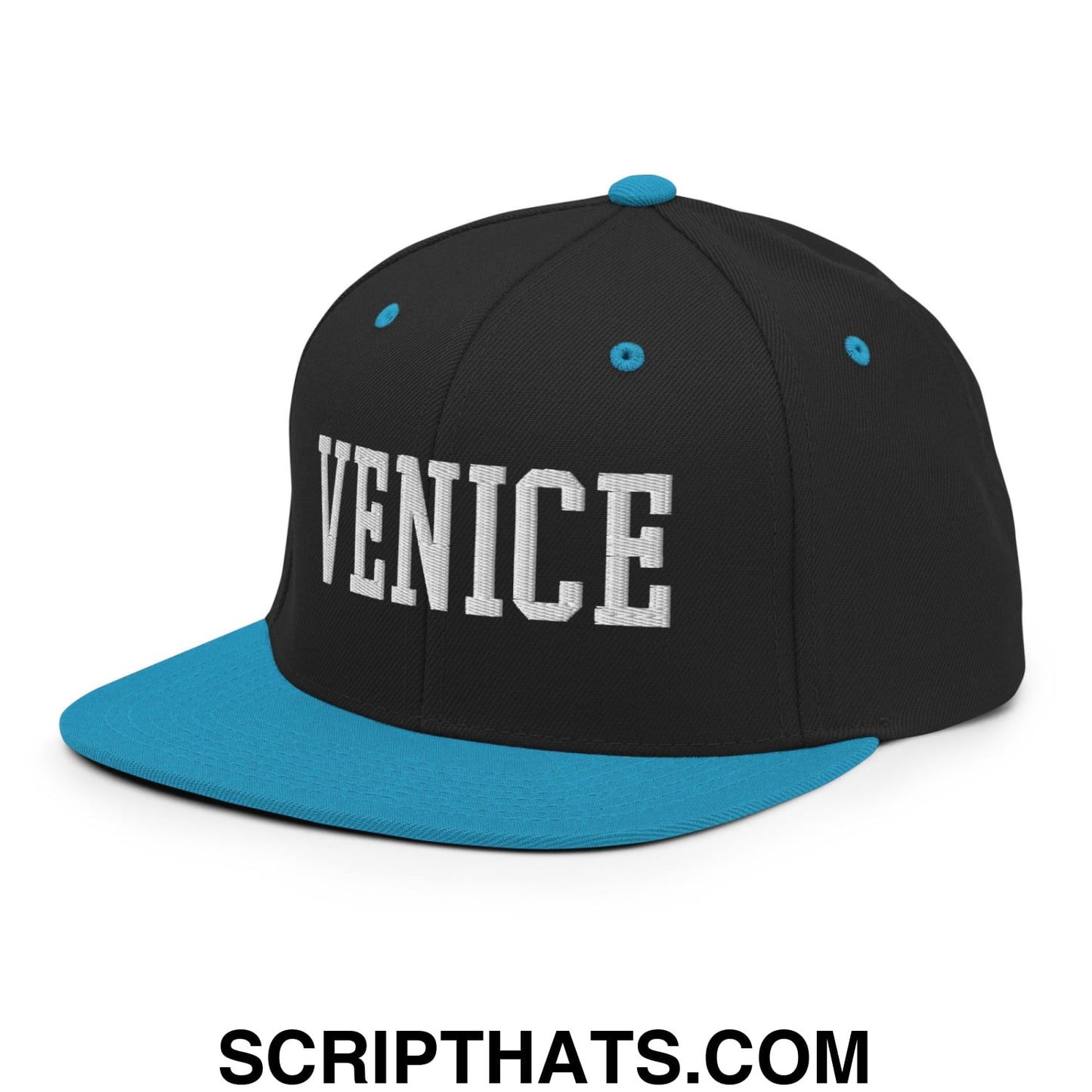Venice Varsity College Block Embroidered Flat Bill Brim Snapback Hat Black Teal